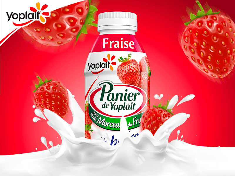 affiche pour bouteille de Yaourt liquide panier de Yoplait goût fraise